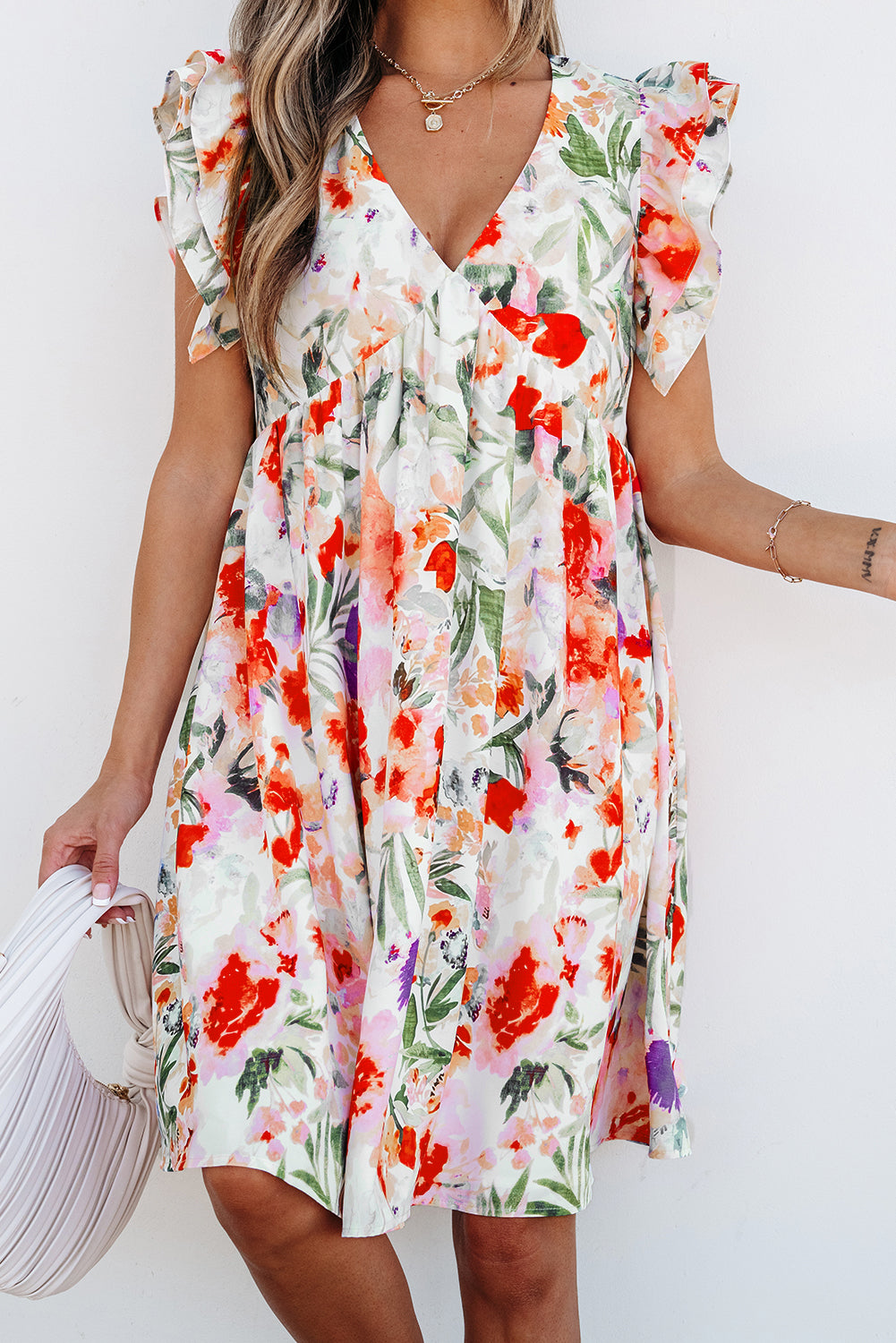Pink Floral Ruffle Sleeve Mini Dress