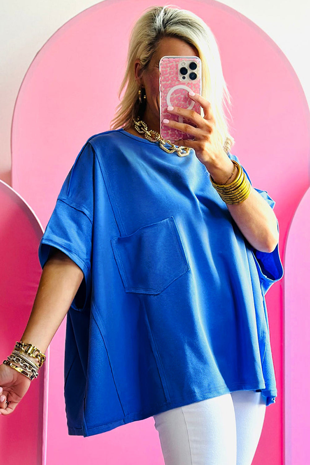 Blue Patched Pocket Oversize T-shirt
