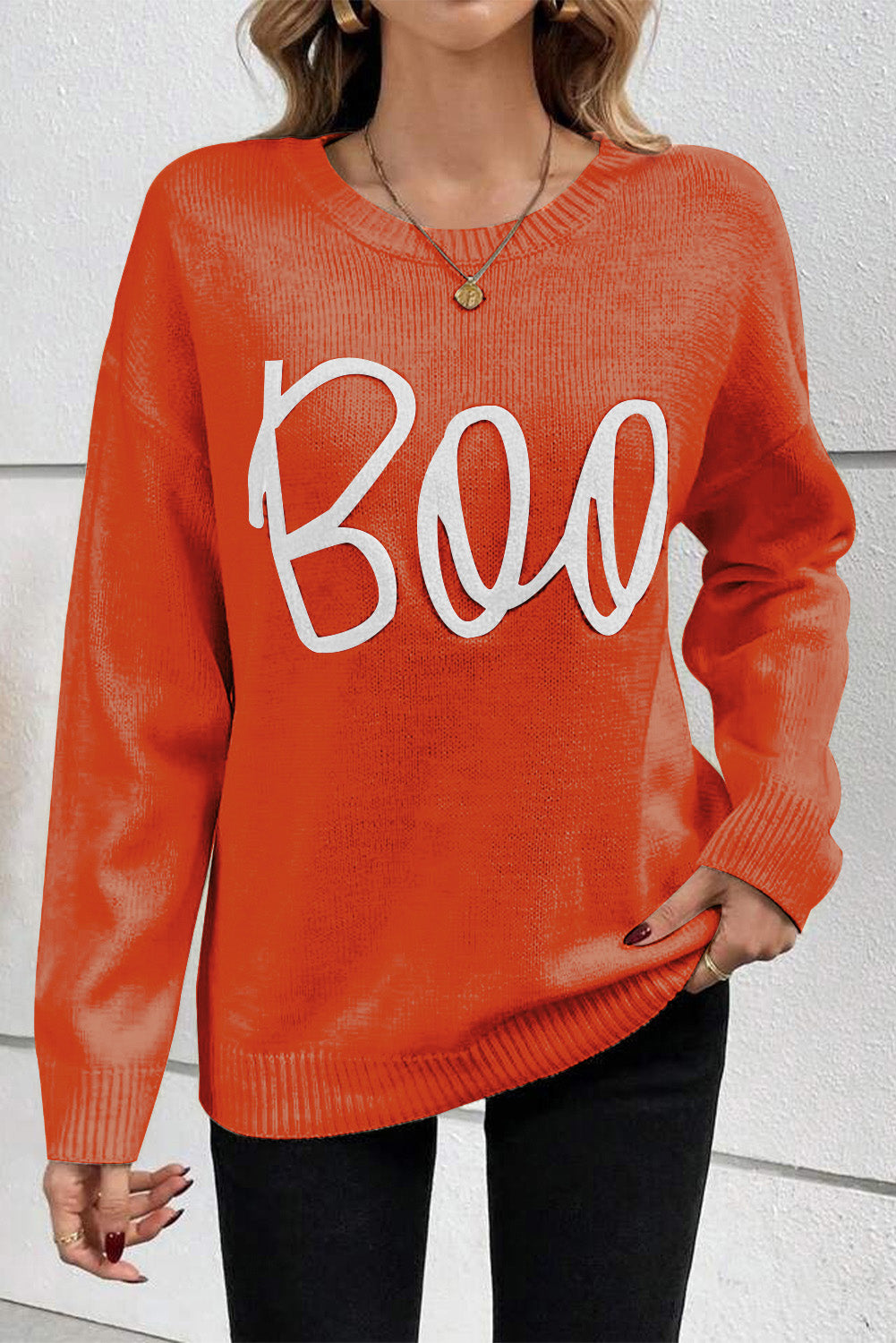 Boo Knitted Pattern Ribbed Sweater