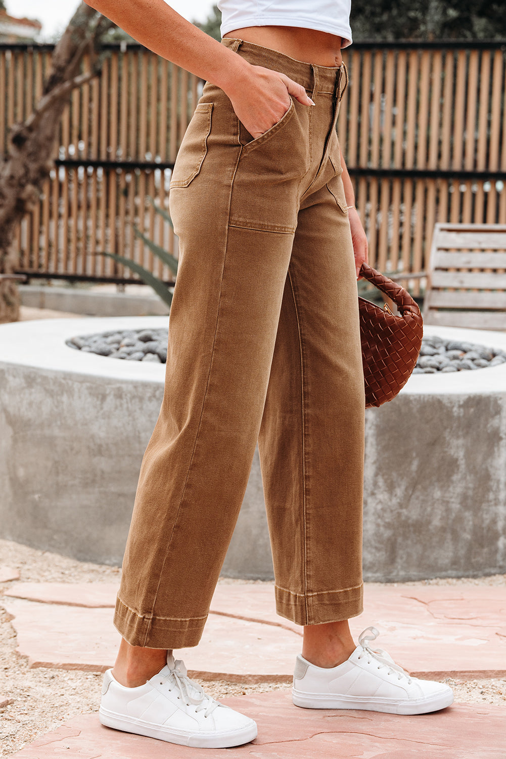Brown Cropped High Rise Wide Leg Jeans