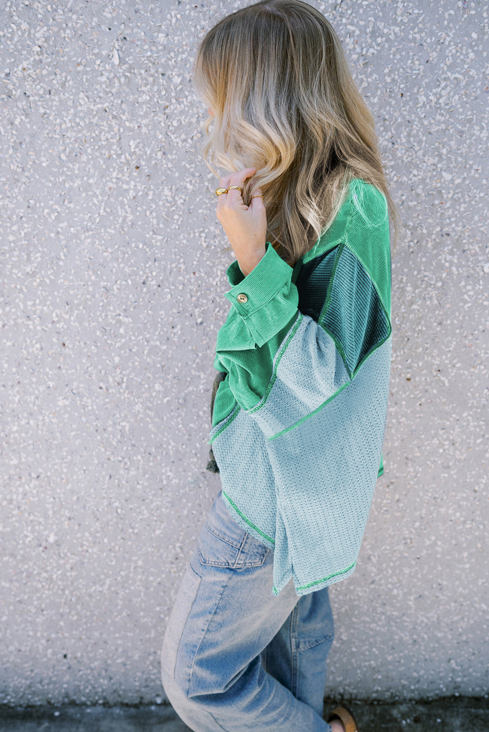 Green Colorblock Stitching Patchwork Long Sleeve