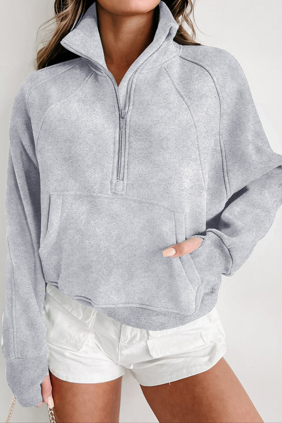 Light Grey Quarter Zip Pocket Sweatshirt