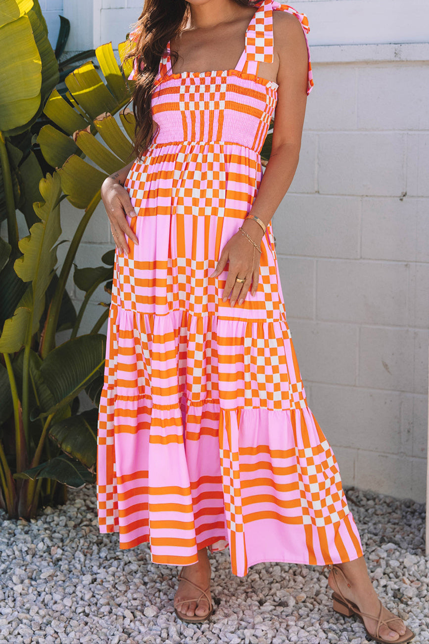 Pink Boho Gingham Maxi Dress