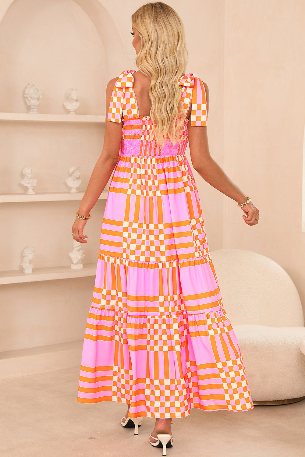 Pink Boho Gingham Maxi Dress