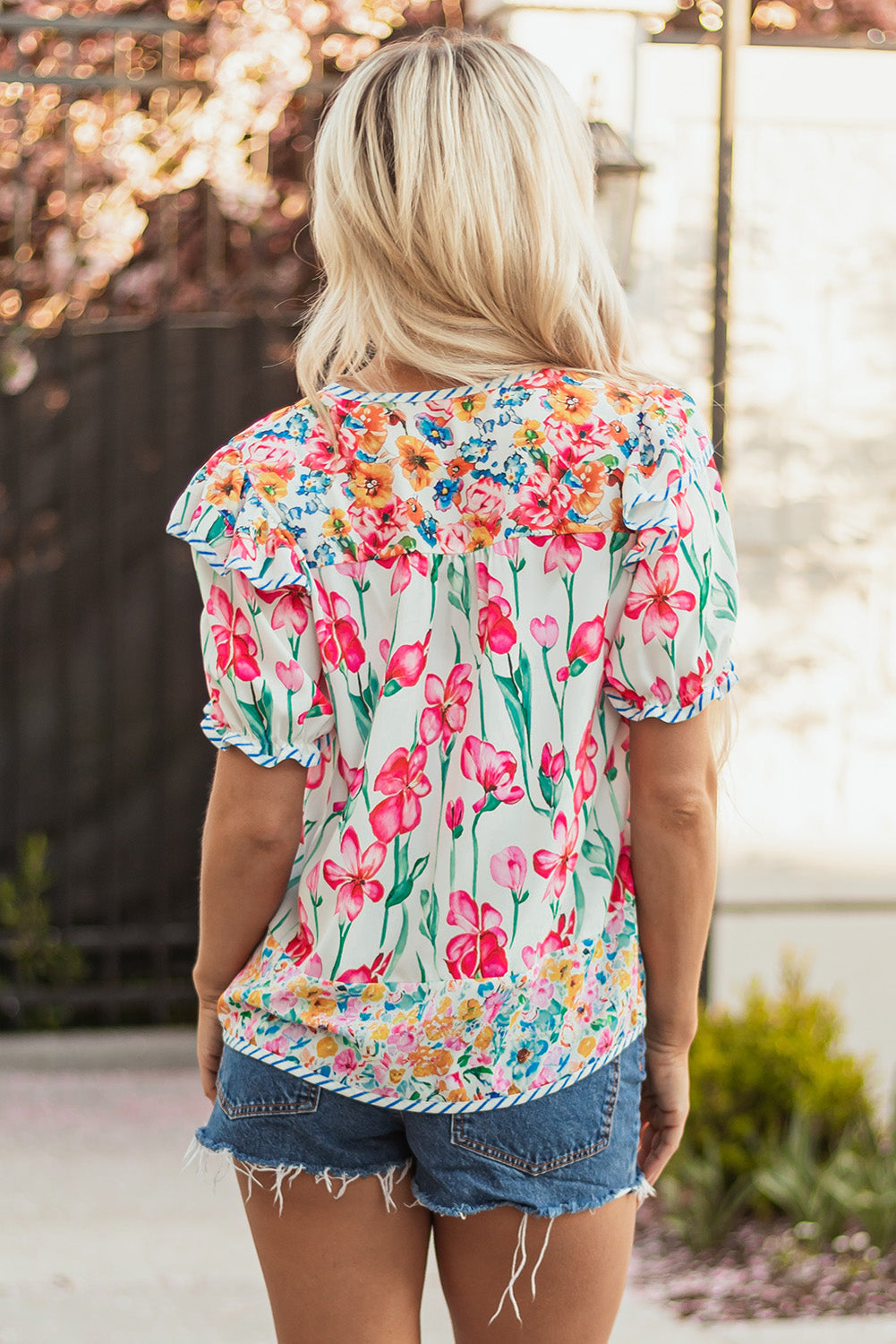 Pink Floral Short Sleeve Blouse