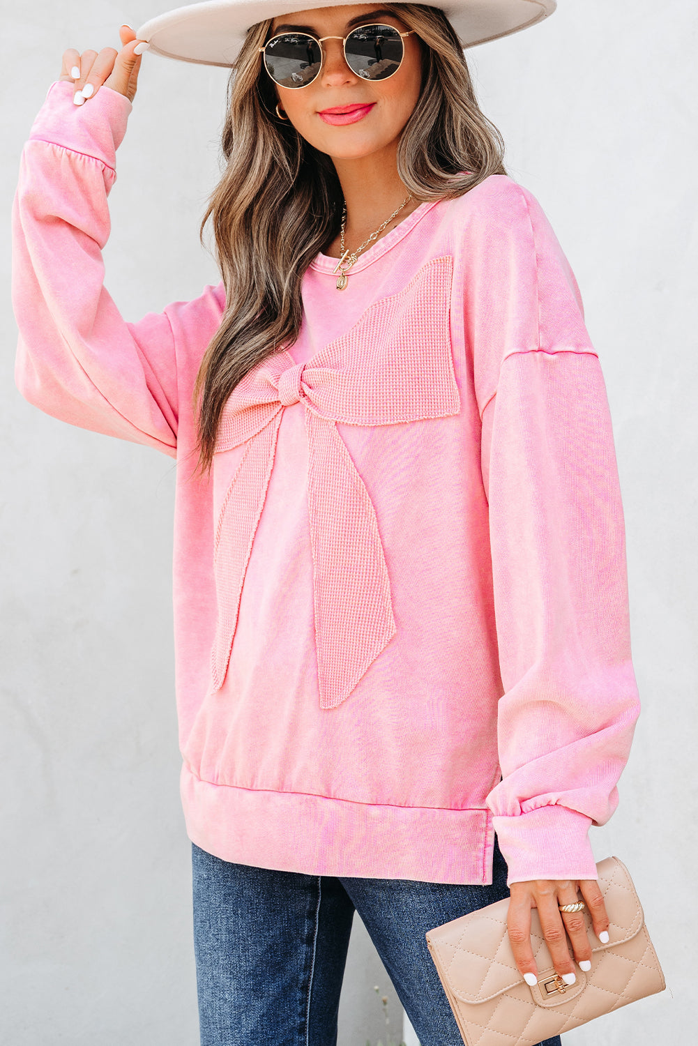 Pink Mineral Wash Bow Patchwork Sweatshirt
