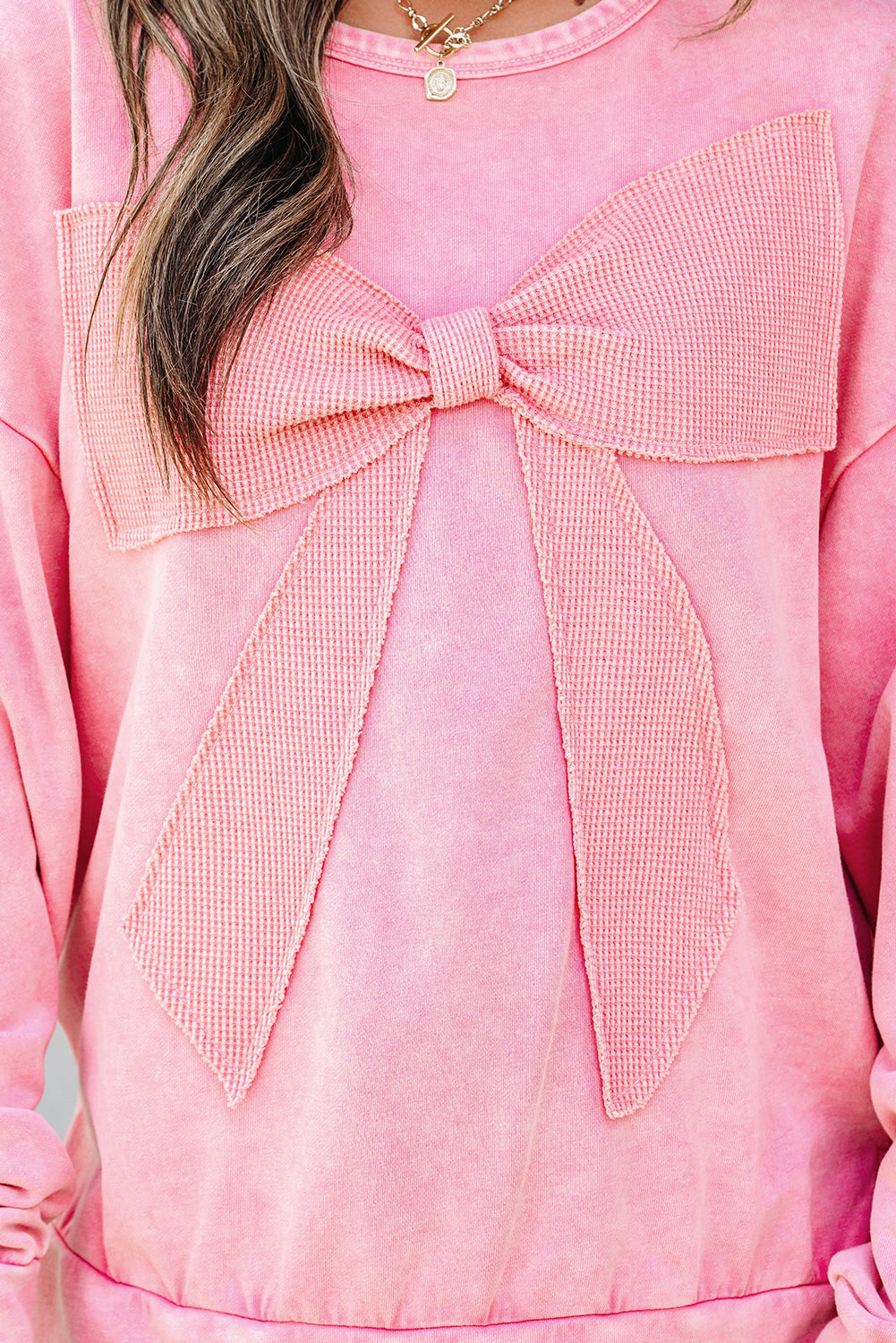 Pink Mineral Wash Bow Patchwork Sweatshirt