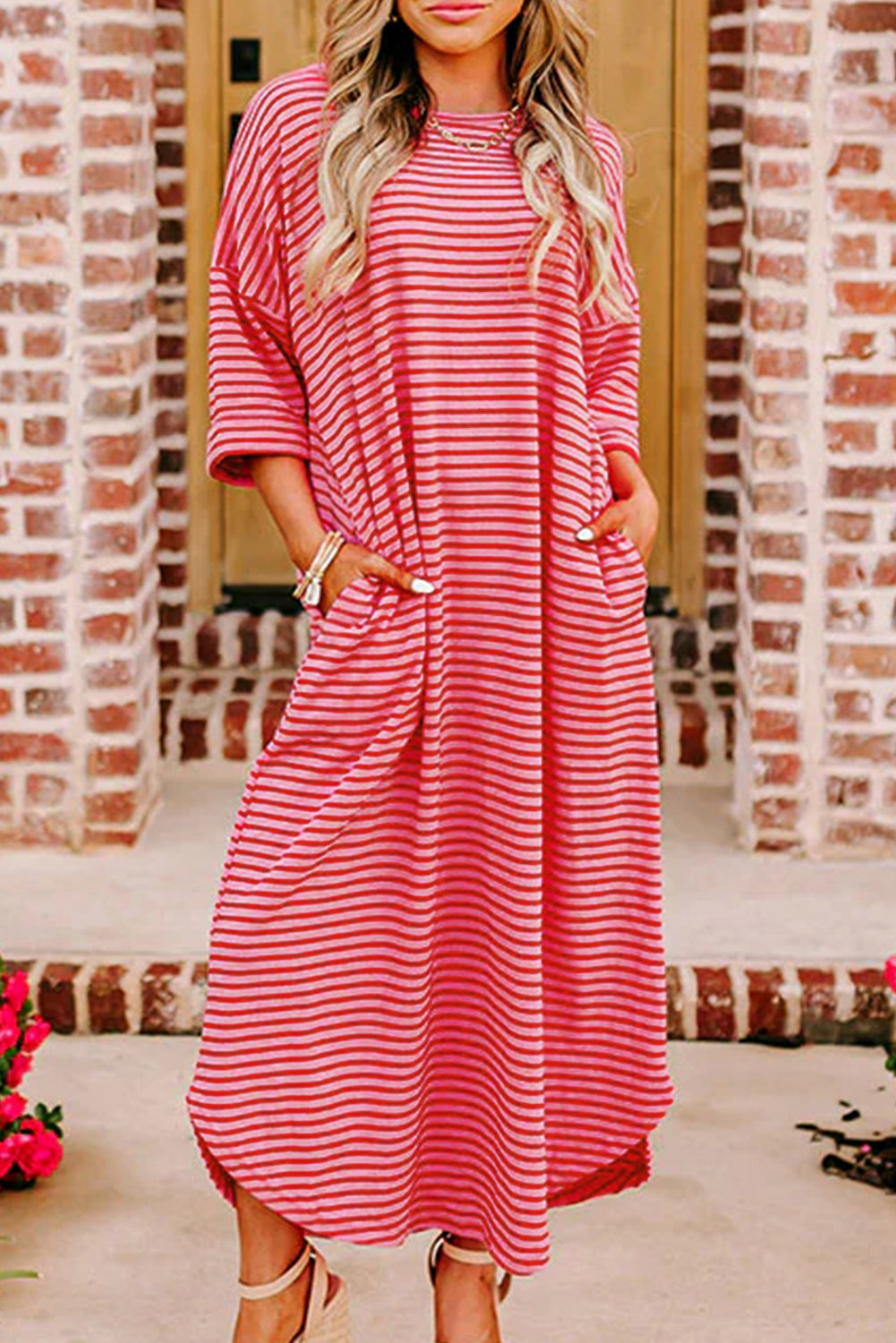 Strawberry Pink Striped 3/4 Sleeve Round Hem Shift T-Shirt Dress