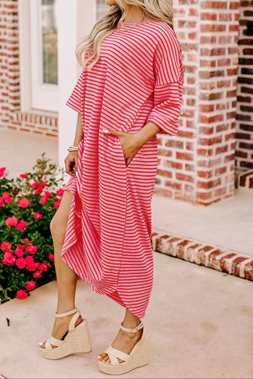 Strawberry Pink Striped 3/4 Sleeve Round Hem Shift T-Shirt Dress