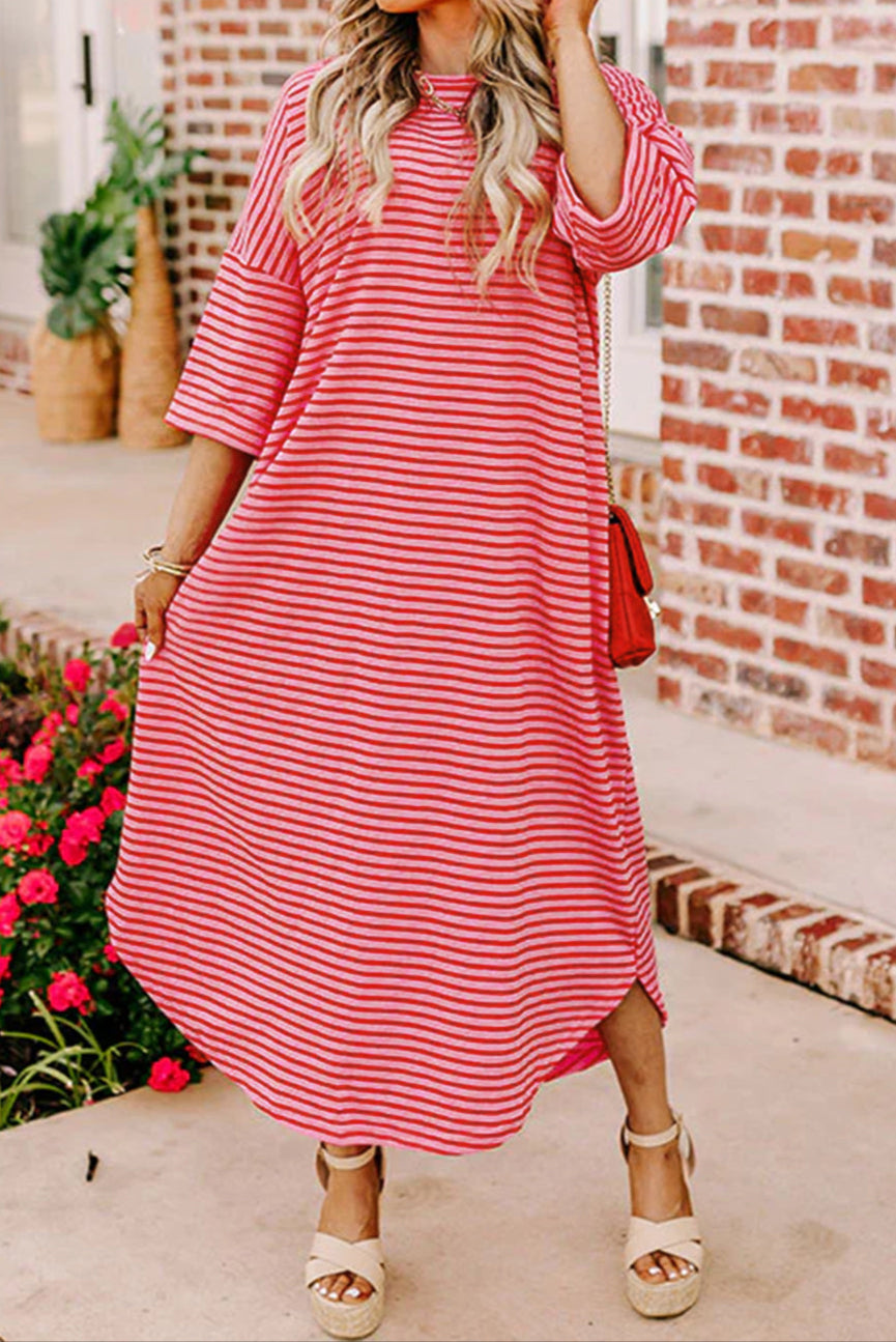 Strawberry Pink Striped 3/4 Sleeve Round Hem Shift T-Shirt Dress