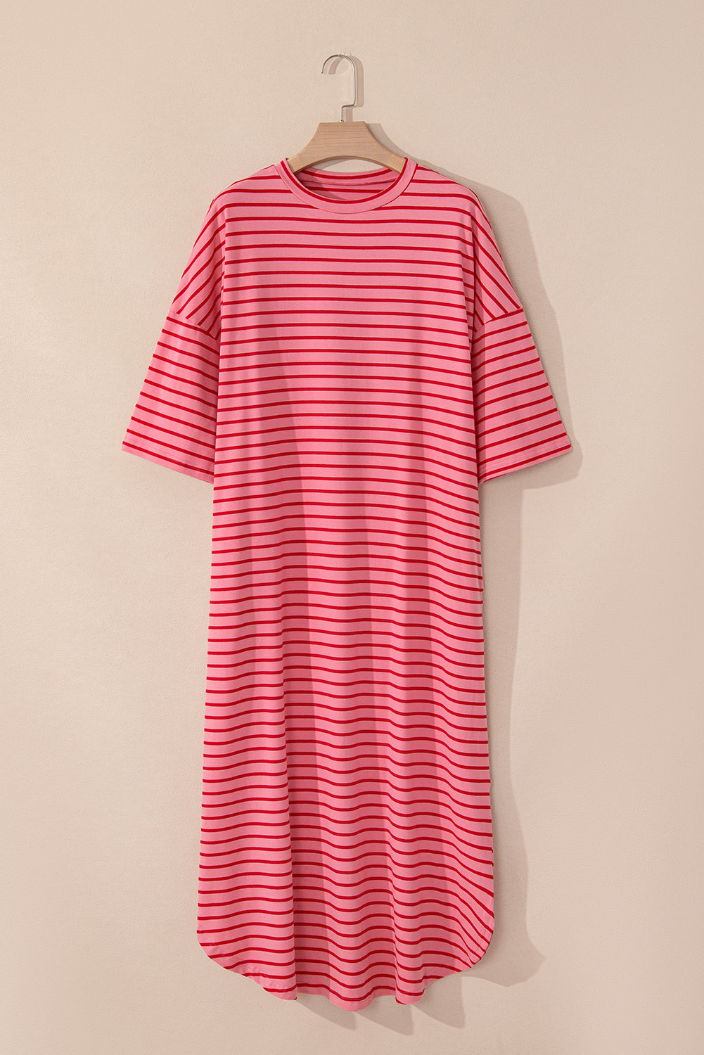 Strawberry Pink Striped 3/4 Sleeve Round Hem Shift T-Shirt Dress