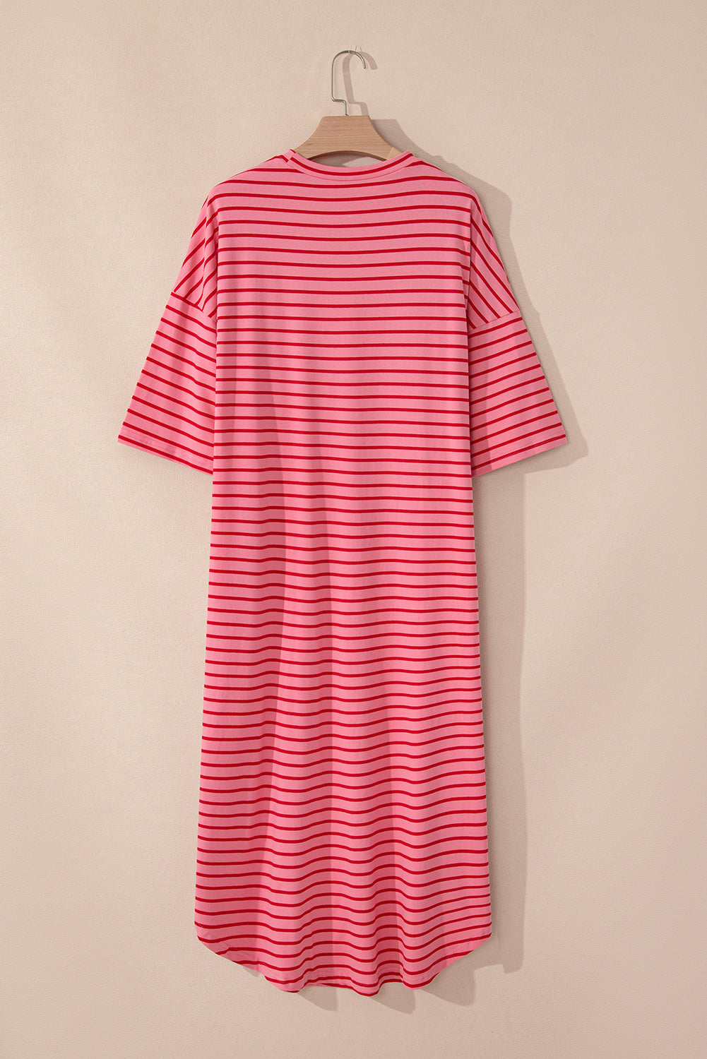 Strawberry Pink Striped 3/4 Sleeve Round Hem Shift T-Shirt Dress