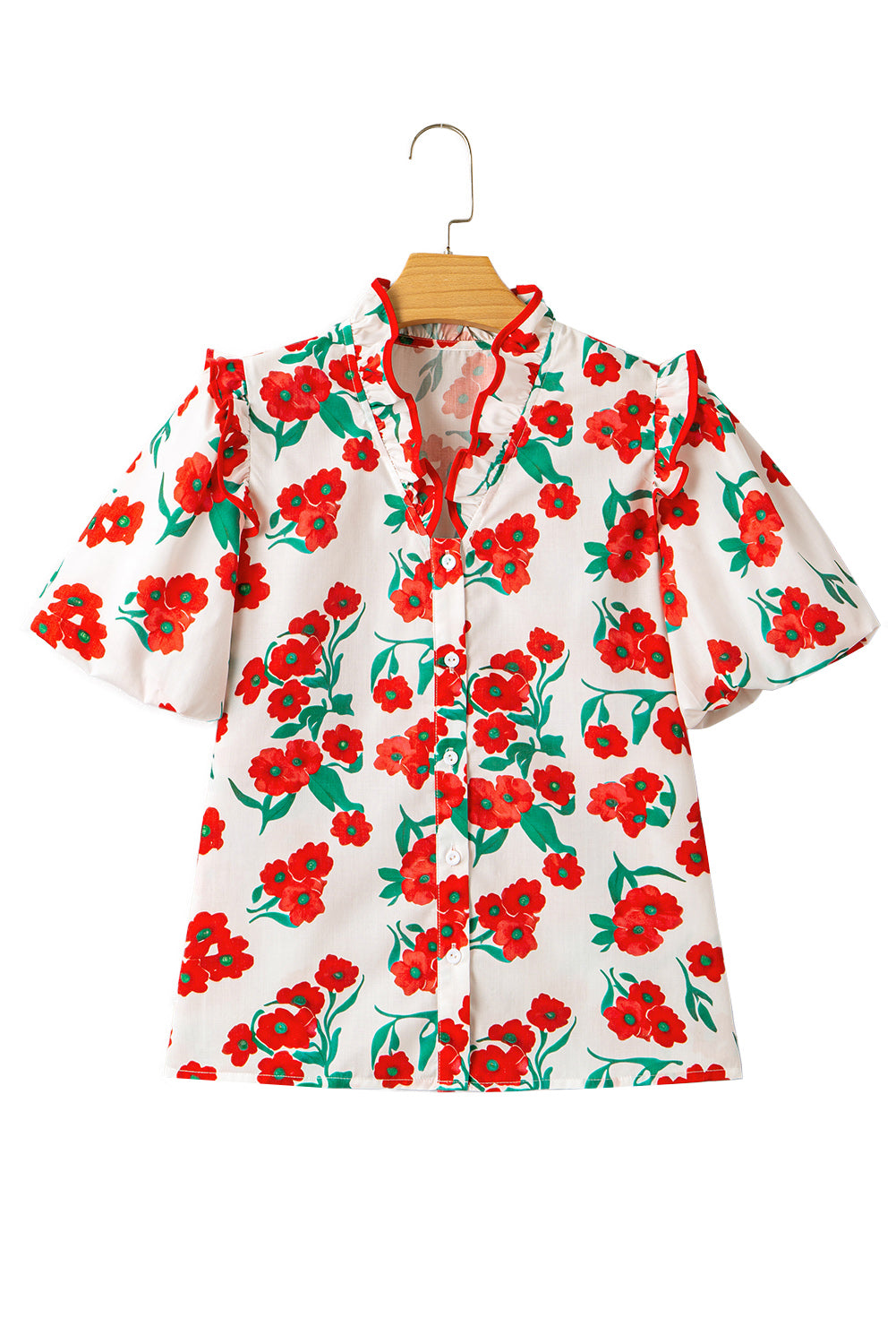 Red Floral Ruffled Sleeve Blouse