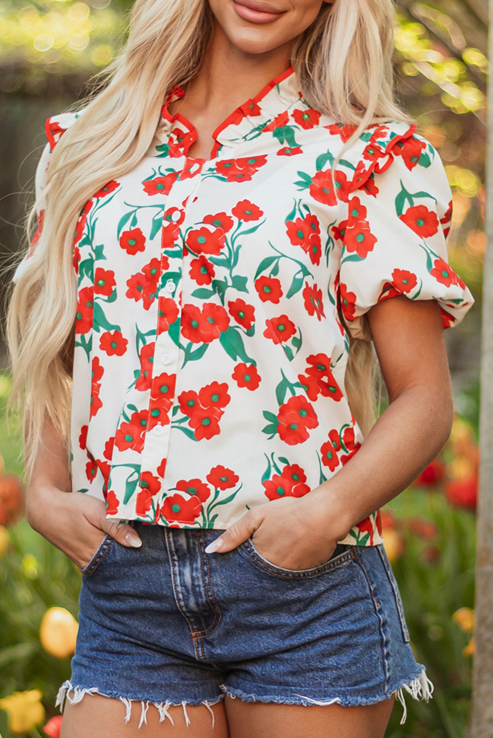 Red Floral Ruffled Sleeve Blouse