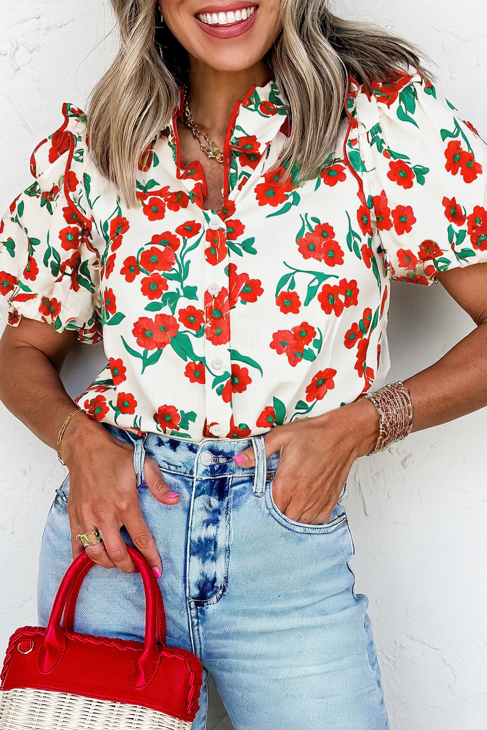Red Floral Ruffled Sleeve Blouse