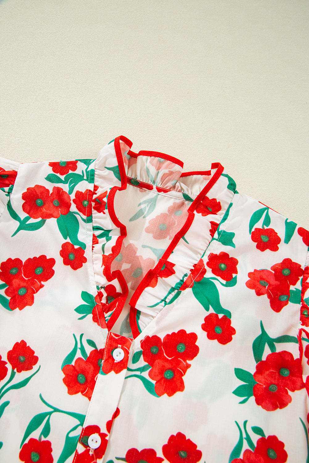 Red Floral Ruffled Sleeve Blouse