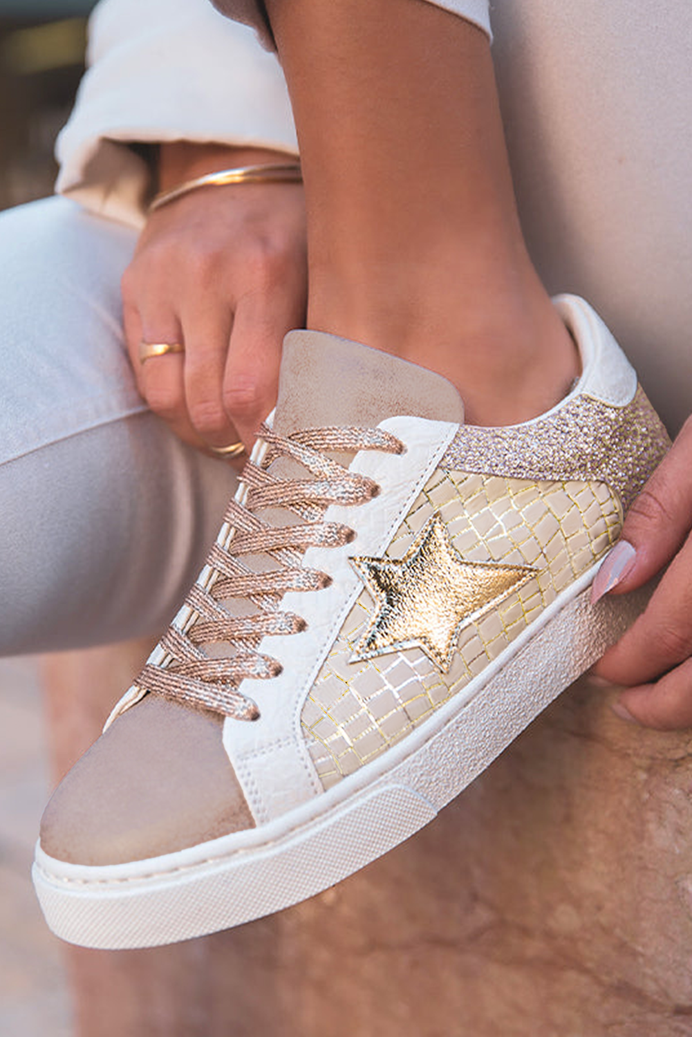 Gold Glitter Star Patchwork Sneakers