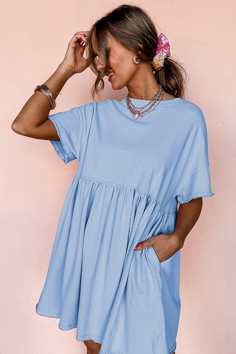 Sky Blue Pocketed Babydoll Dress
