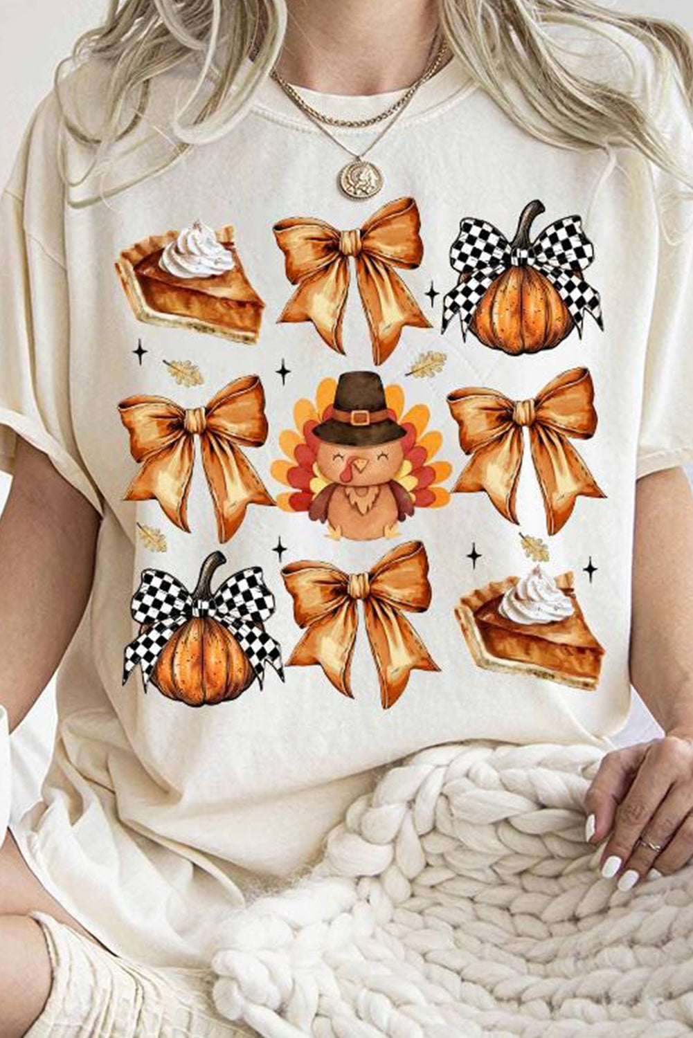 White Bowknot Thanksgiving Graphic T-Shirt