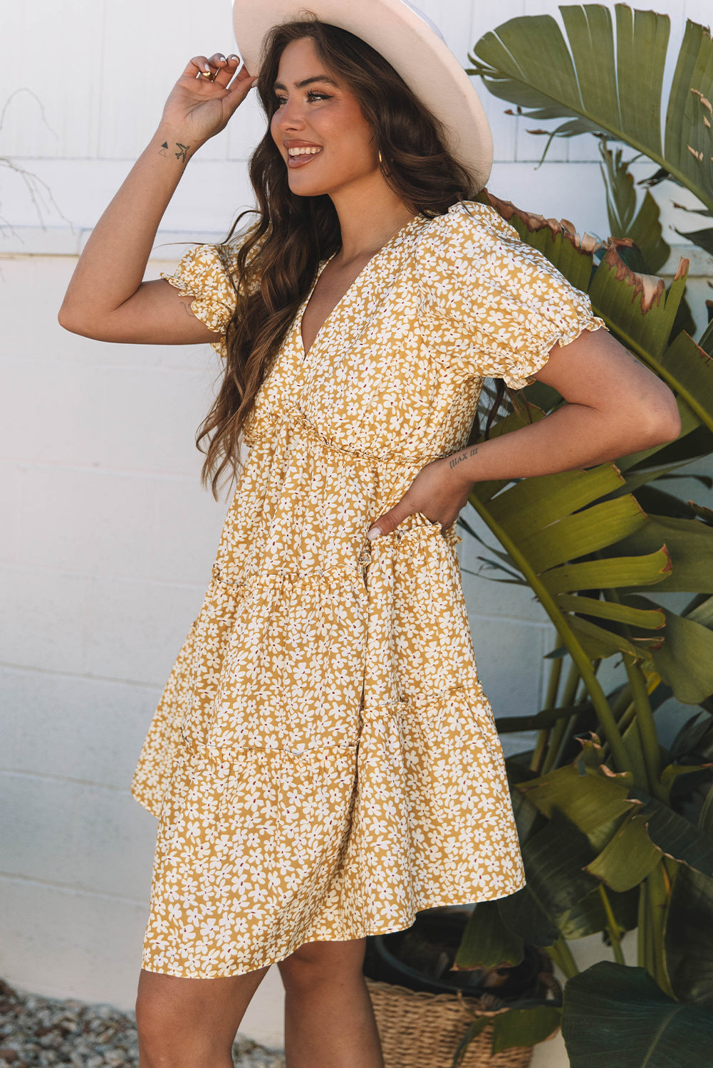 Yellow Floral Short Sleeve Mini Dress