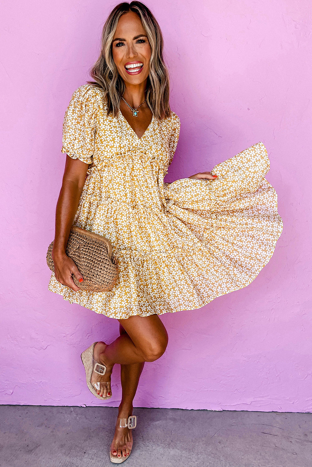 Yellow Floral Short Sleeve Mini Dress