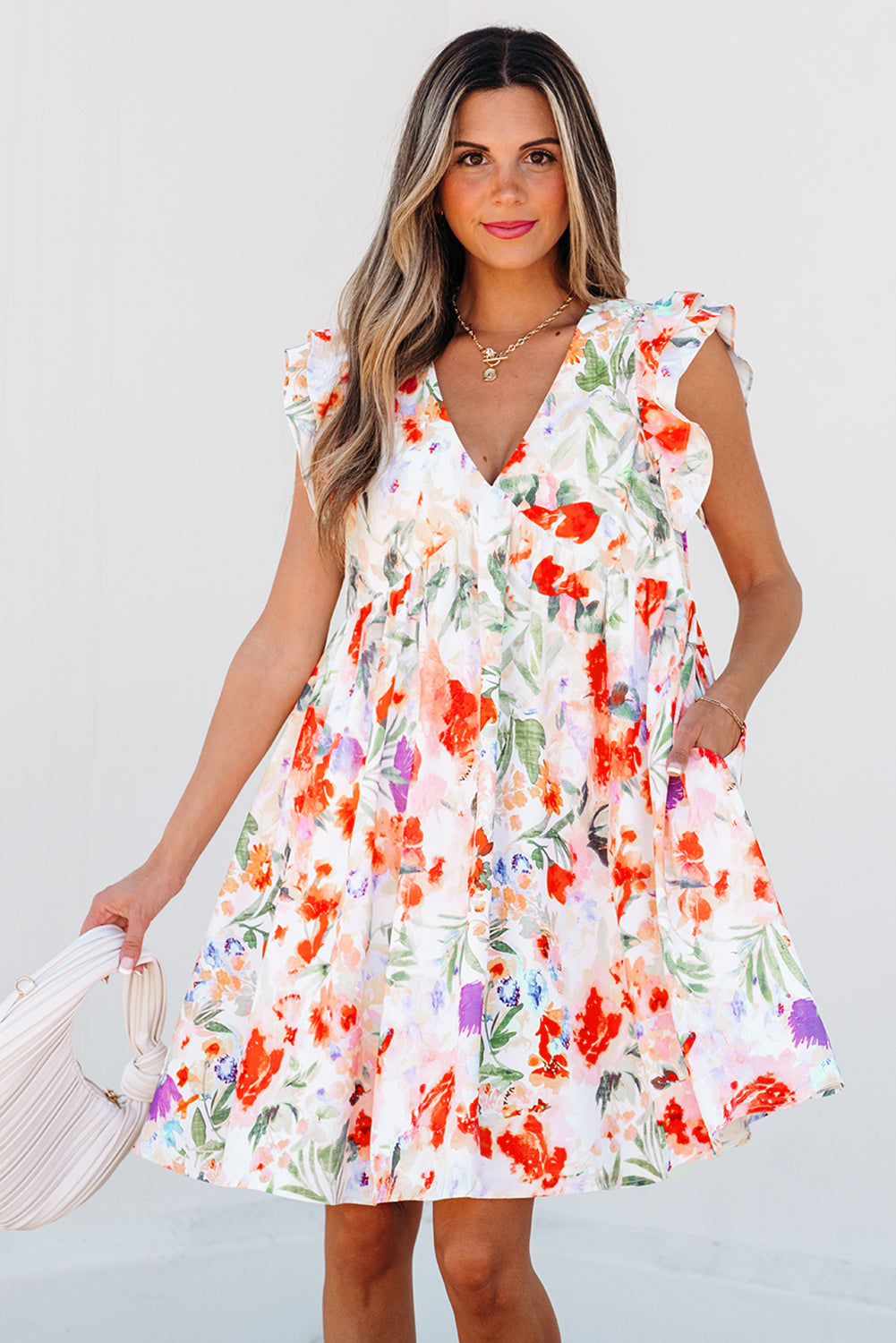 Pink Floral Ruffle Sleeve Mini Dress