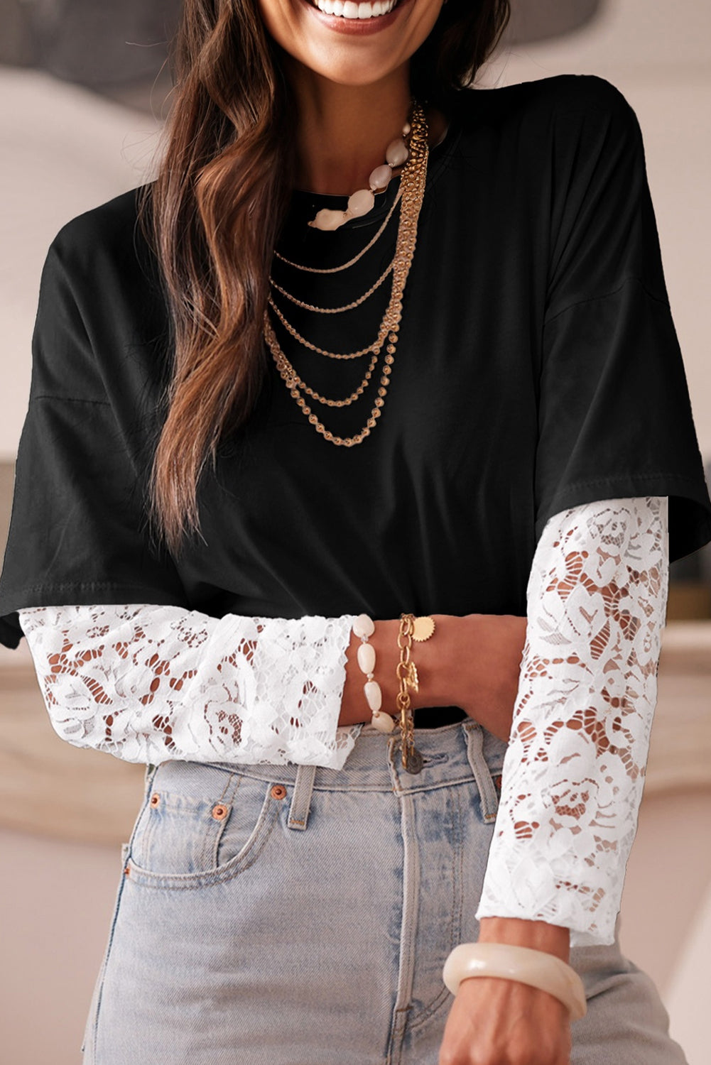 Black Lace Long Sleeve Insert Shoulder Tee – The Bin Boutique