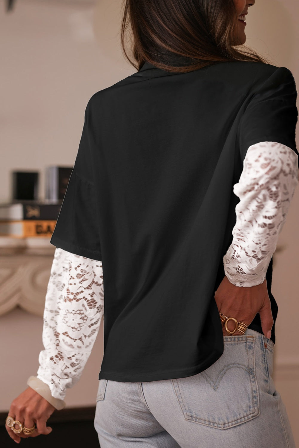 Black Lace Long Sleeve Insert Shoulder Tee