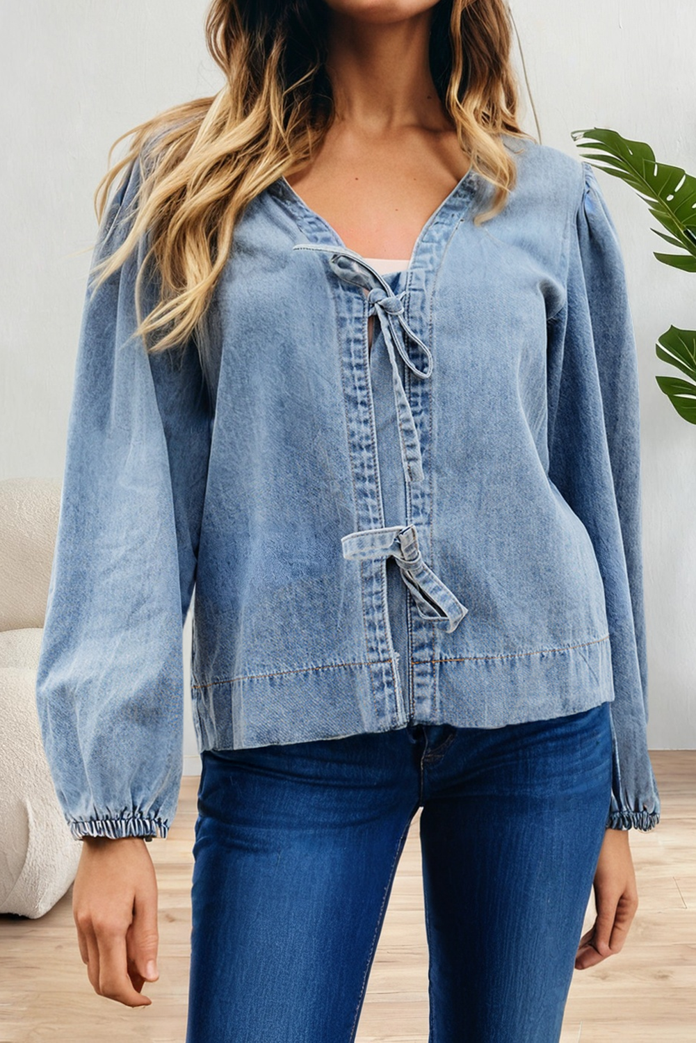 Tied Front Long Puff Sleeve Denim Top