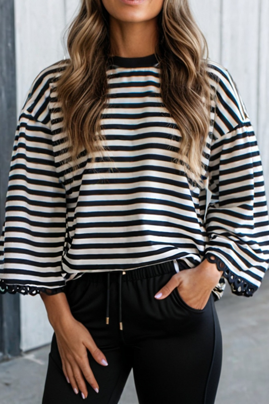 Striped Printed Drop Shoulder Lace Trim Loose Top