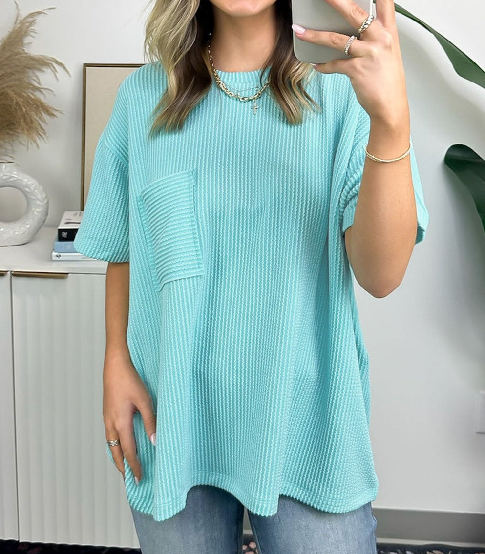 Turquoise Corded Pocketed Loose Fit Shirt