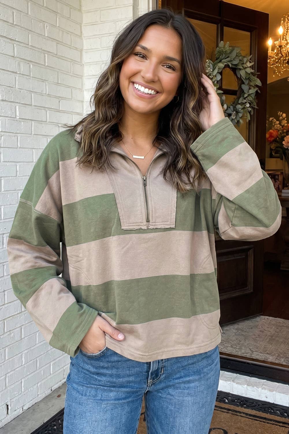 Striped Colorblock Zipper Collar Casual Blouse