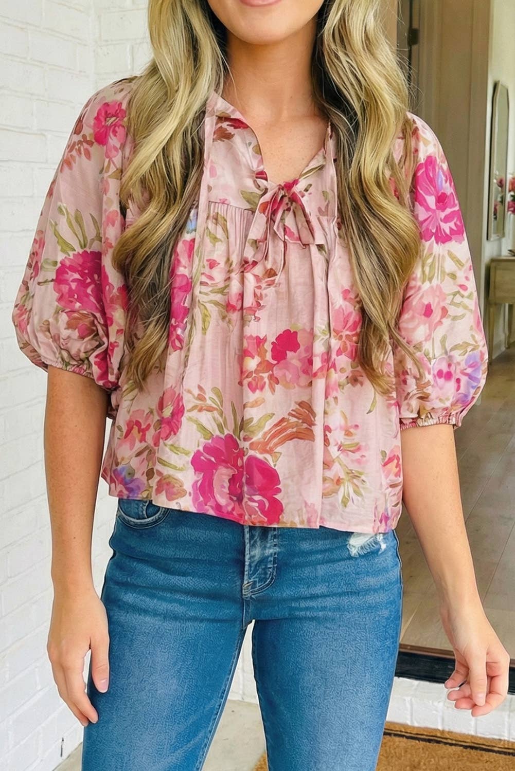 Floral Print Tie Neck Puffy Blouse