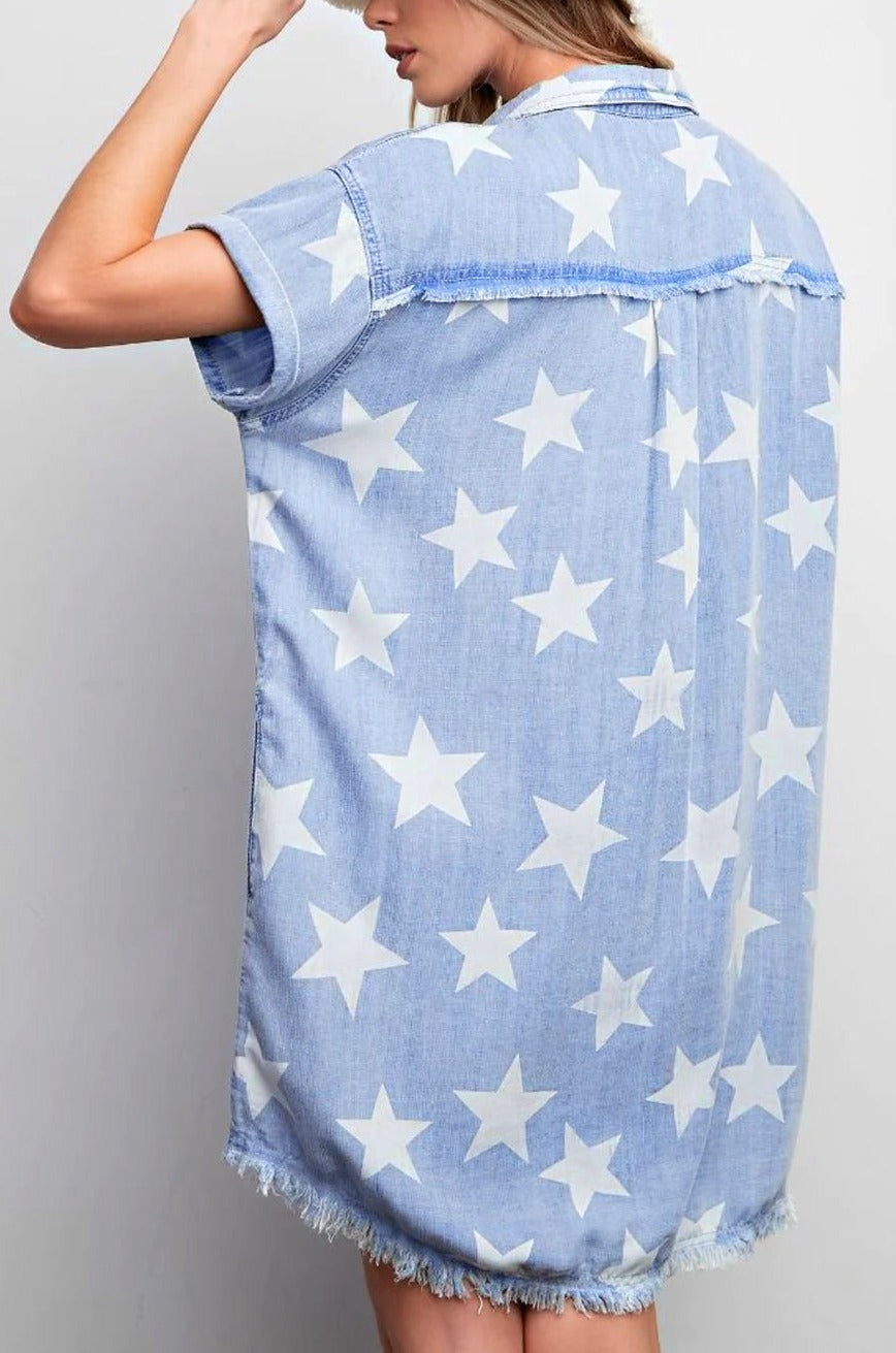 Sky Blue Stars Short Sleeve Denim Dress