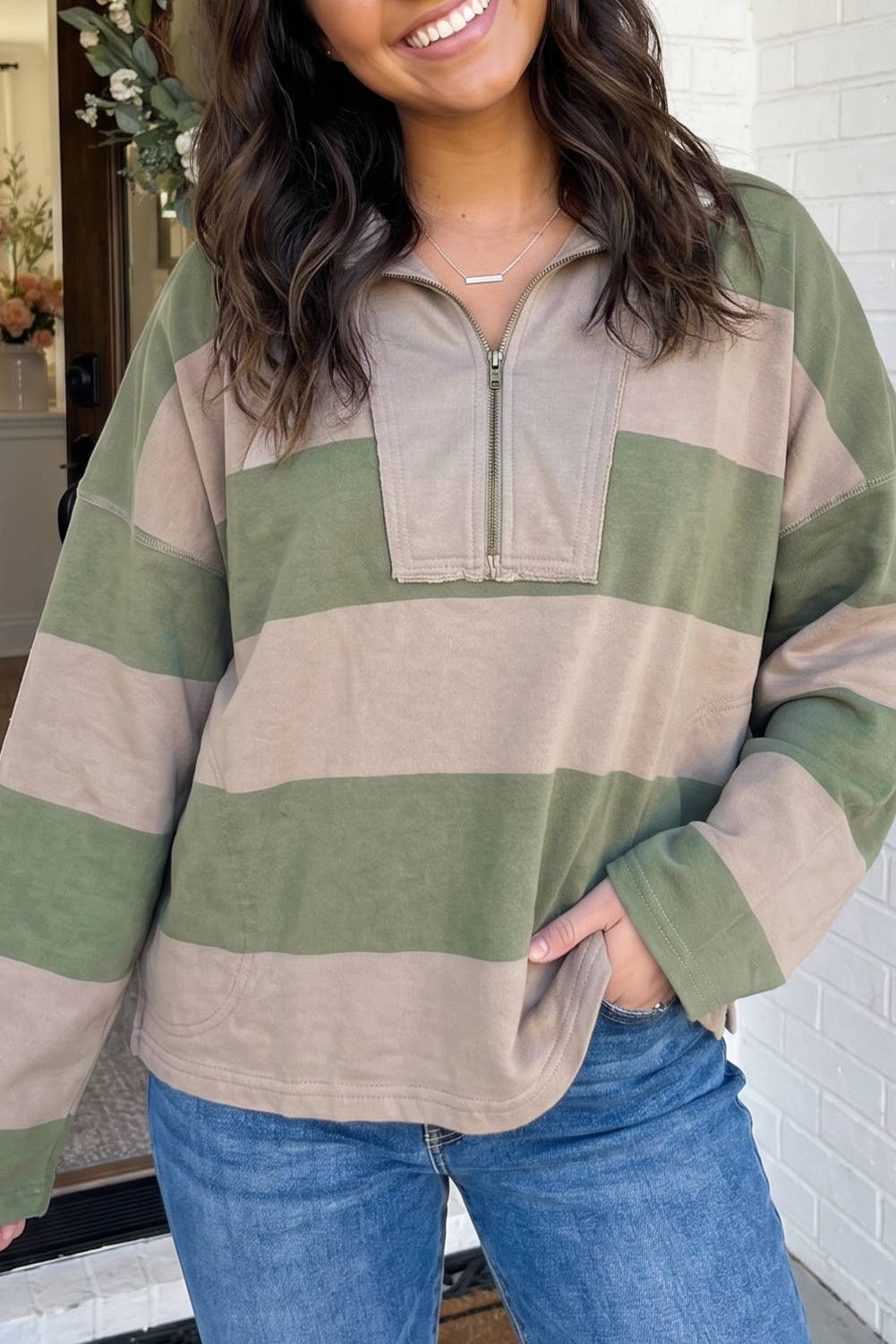 Striped Colorblock Zipper Collar Casual Blouse