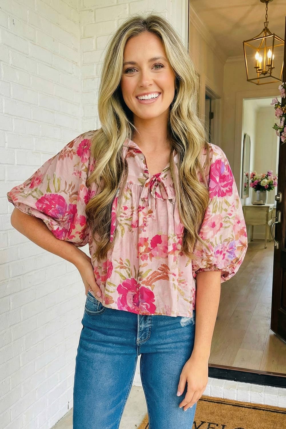 Floral Print Tie Neck Puffy Blouse