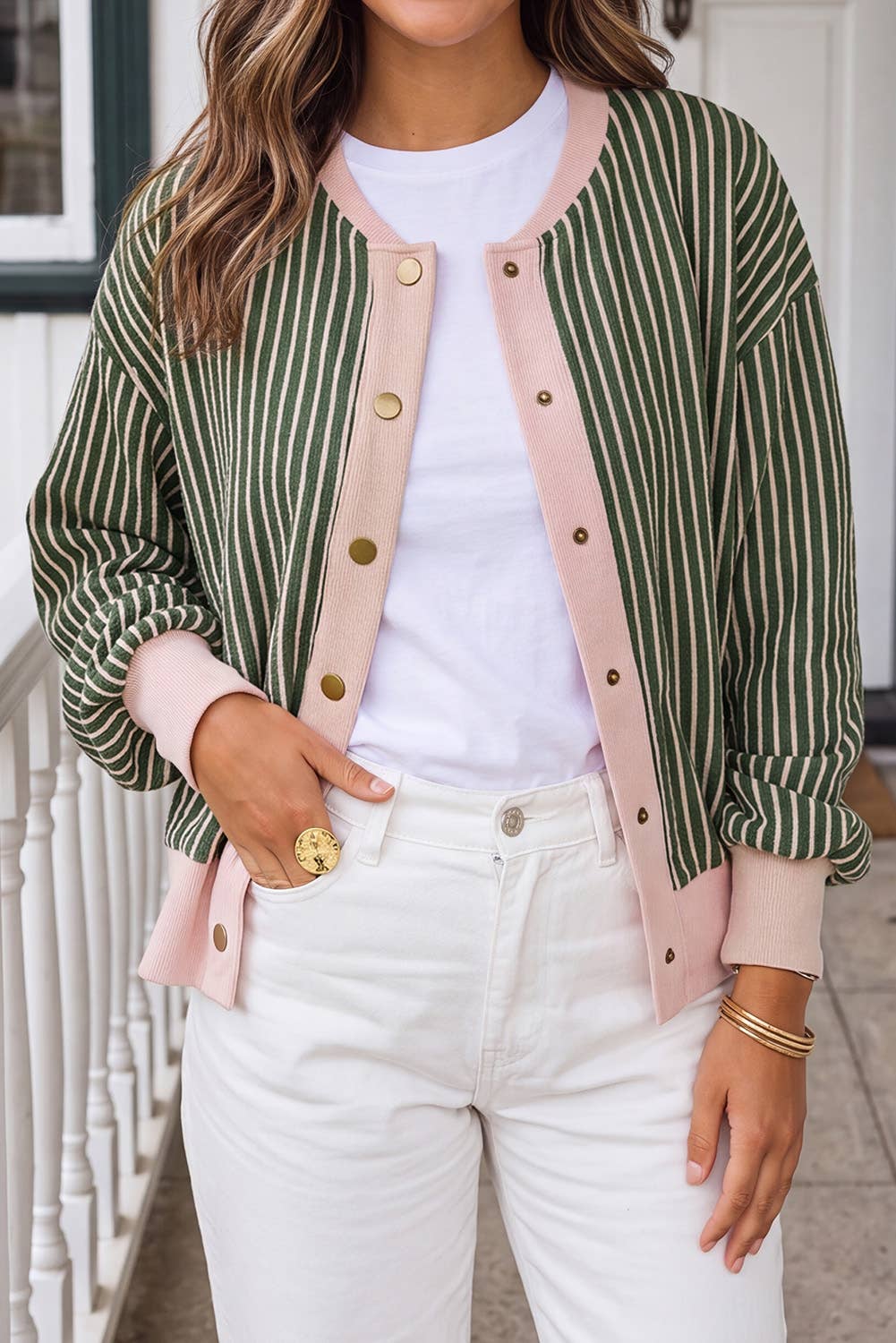 Striped Patchwork Snap Button Cardigan