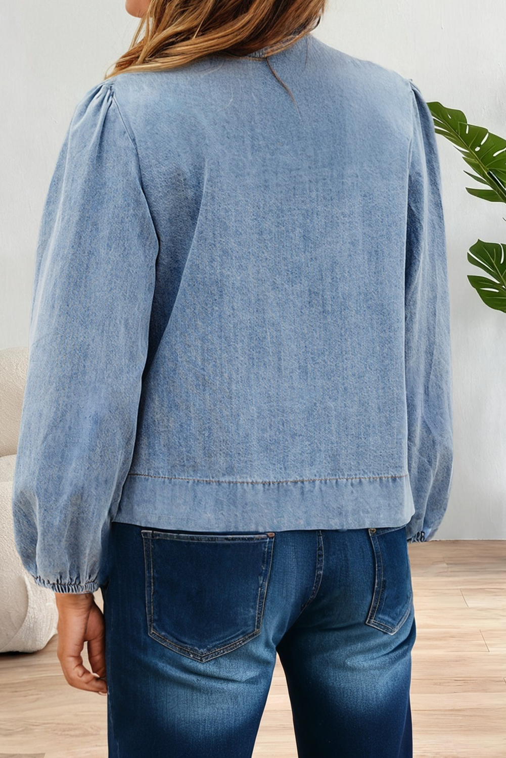 Tied Front Long Puff Sleeve Denim Top