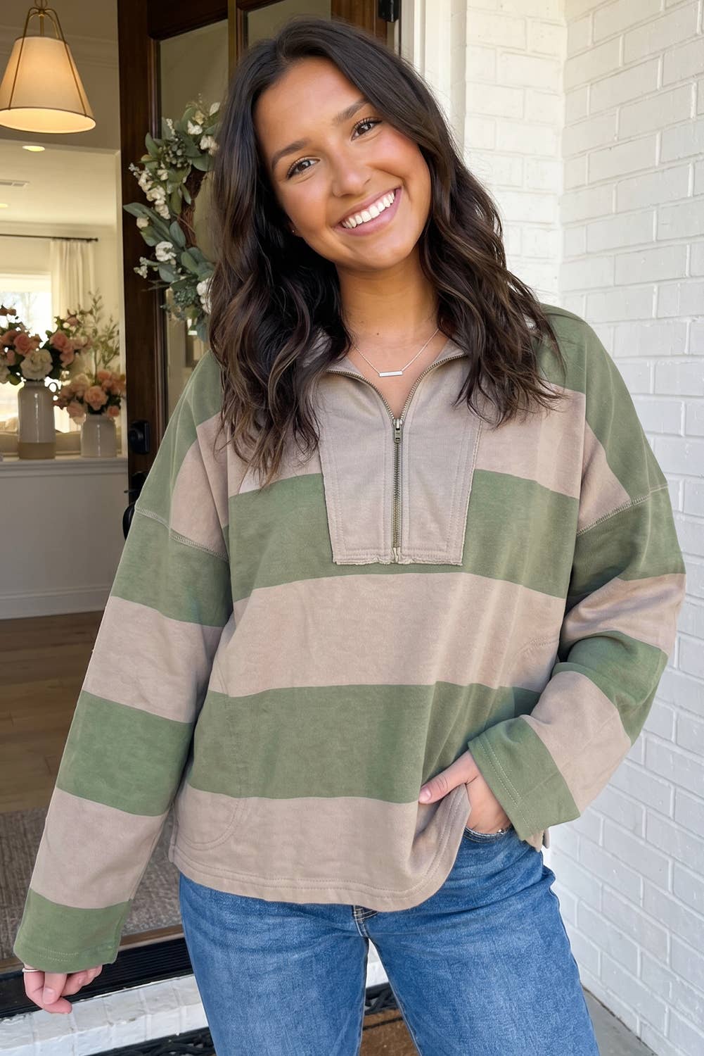 Striped Colorblock Zipper Collar Casual Blouse