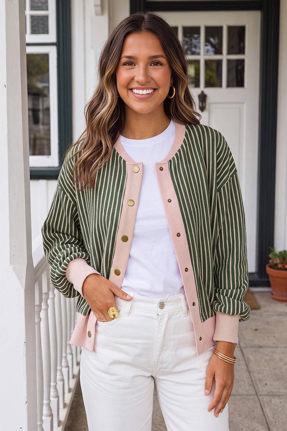 Striped Patchwork Snap Button Cardigan