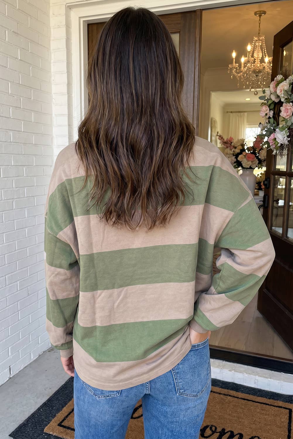 Striped Colorblock Zipper Collar Casual Blouse