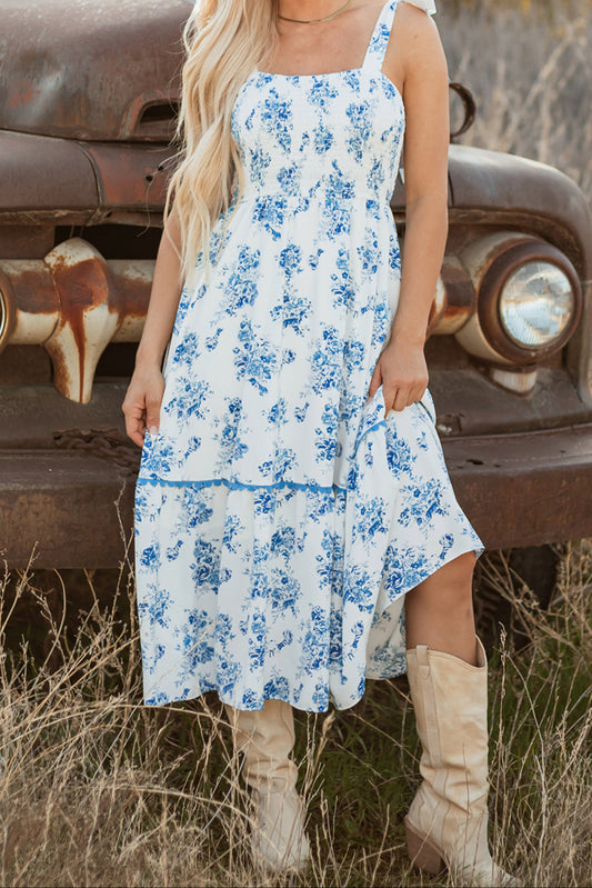 Floral Shirred Knot Shoulder Dress