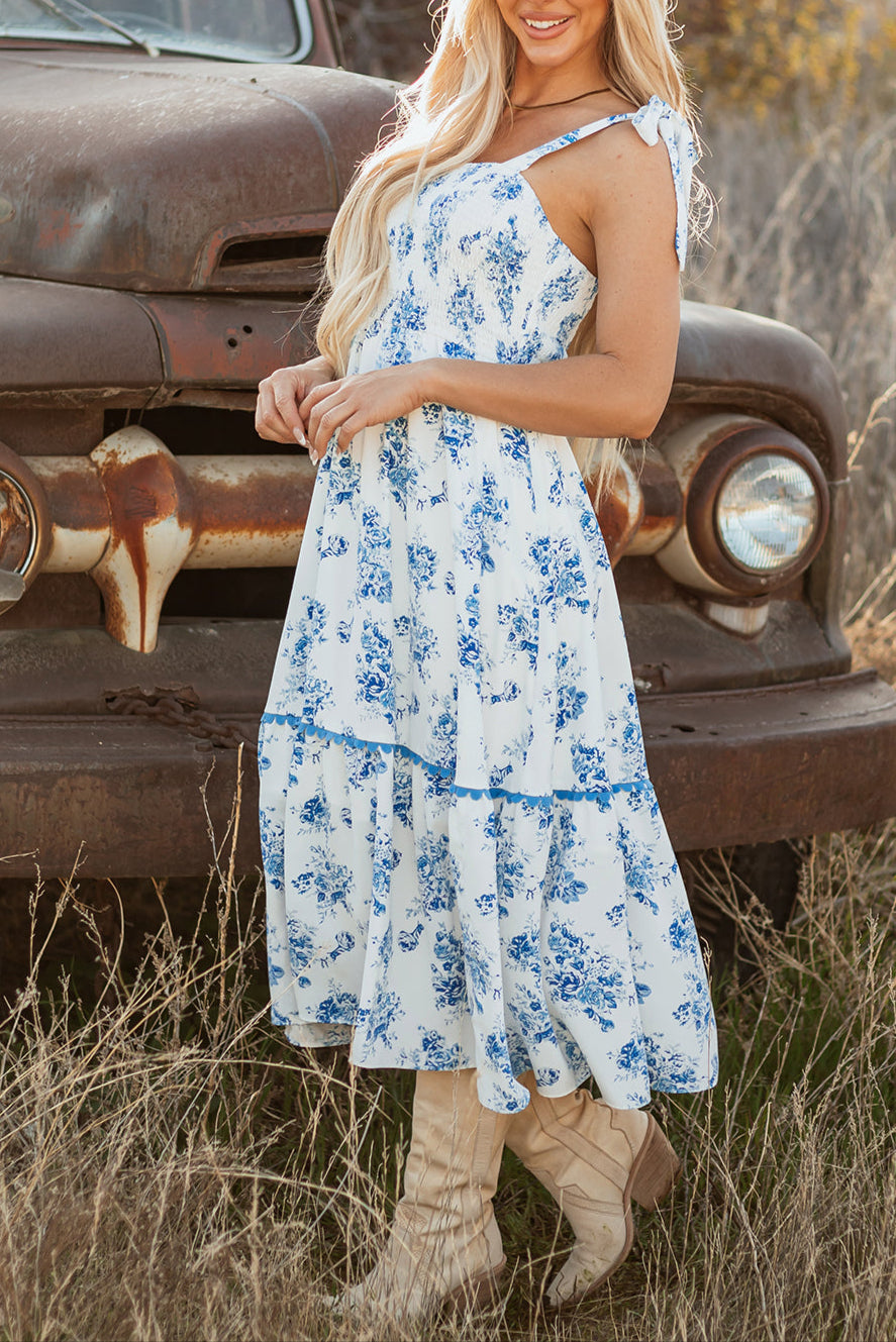 Floral Shirred Knot Shoulder Dress
