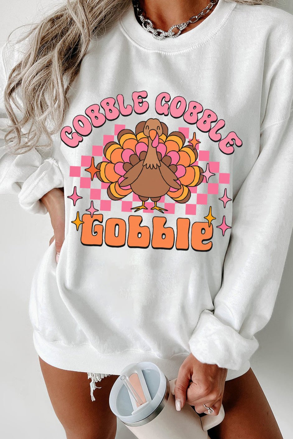 White Gobble Gobble Turkey Crewneck Sweatshirt