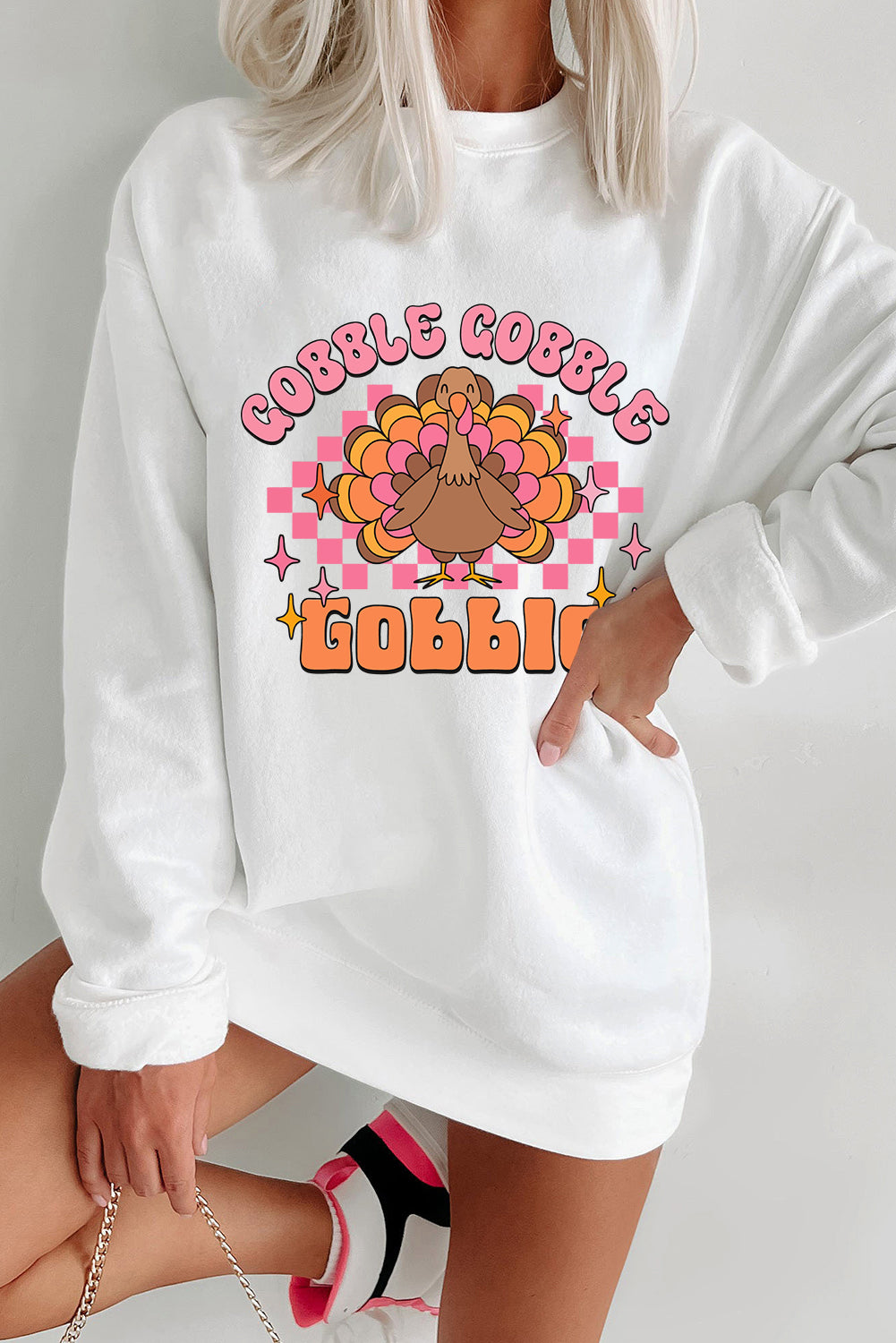 White Gobble Gobble Turkey Crewneck Sweatshirt