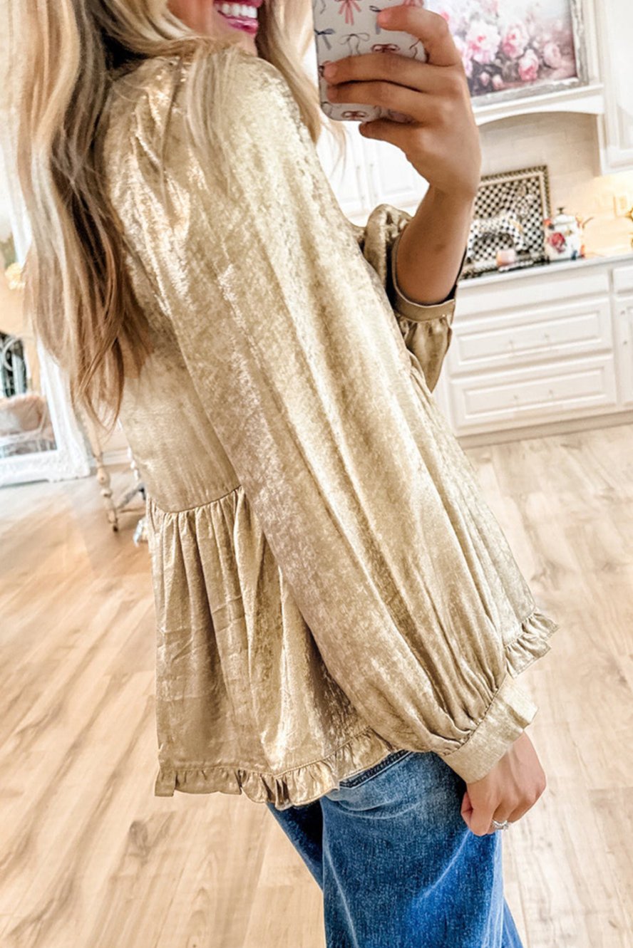 Gold Metallic V Neck Puff Sleeve Blouse