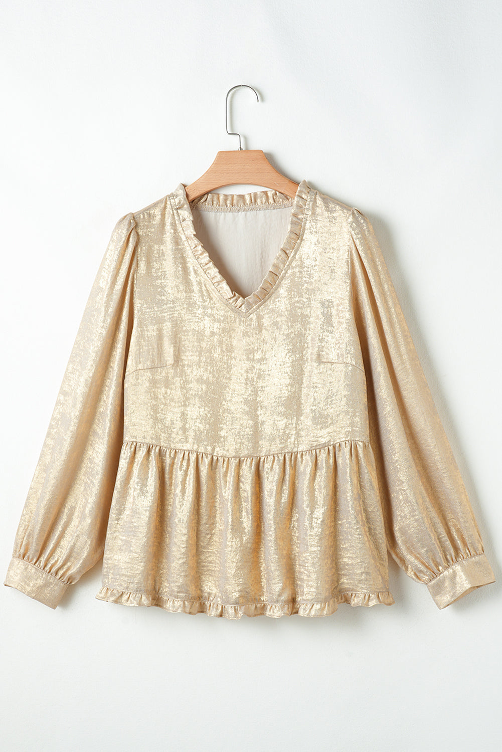 Gold Metallic V Neck Puff Sleeve Blouse