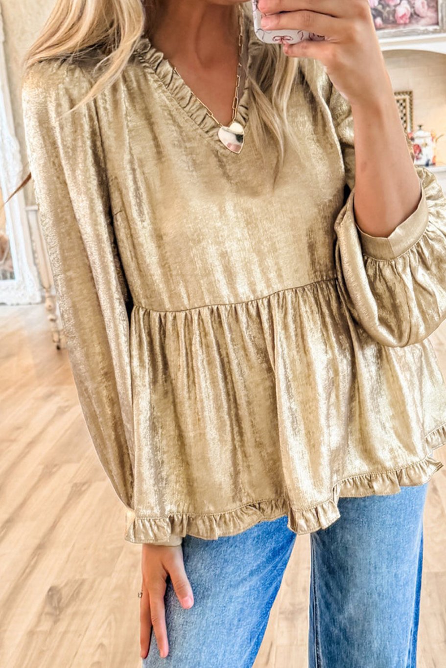 Gold Metallic V Neck Puff Sleeve Blouse