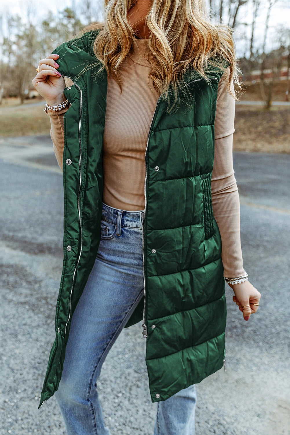 Green Hooded Long Quilted Vest