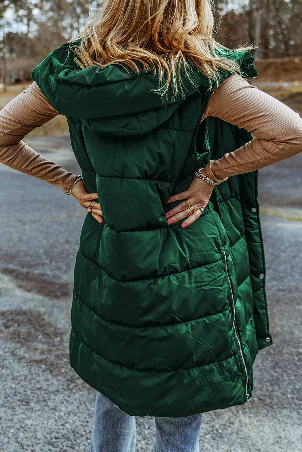 Green Hooded Long Quilted Vest